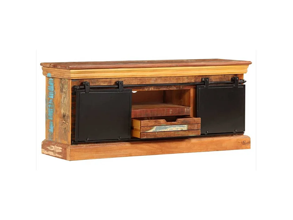 Meuble TV 2 portes 1 tiroir bois massif recyclé et métal noir Bousty