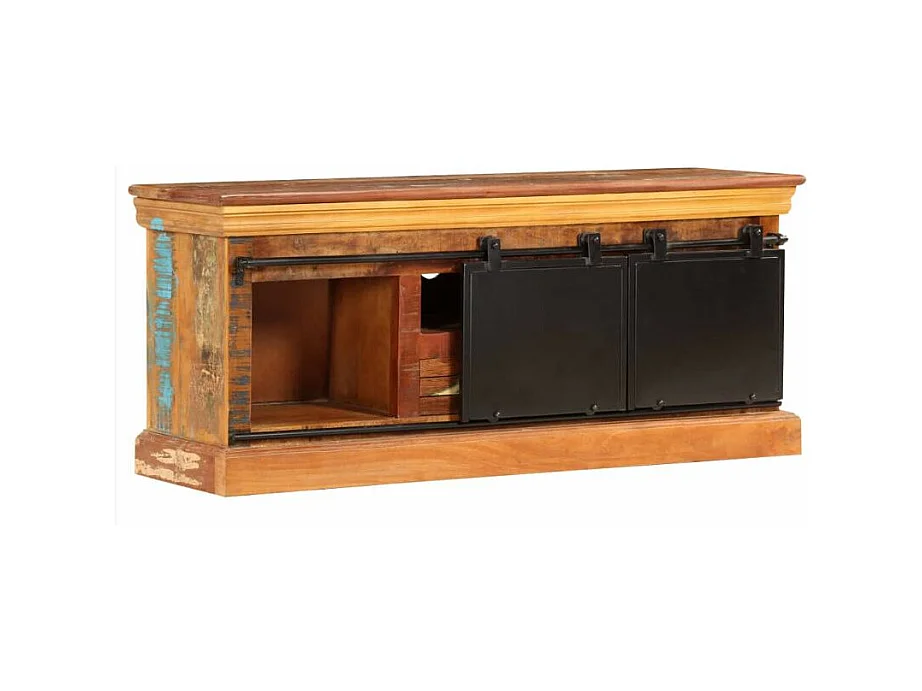 Meuble TV 2 portes 1 tiroir bois massif recyclé et métal noir Bousty