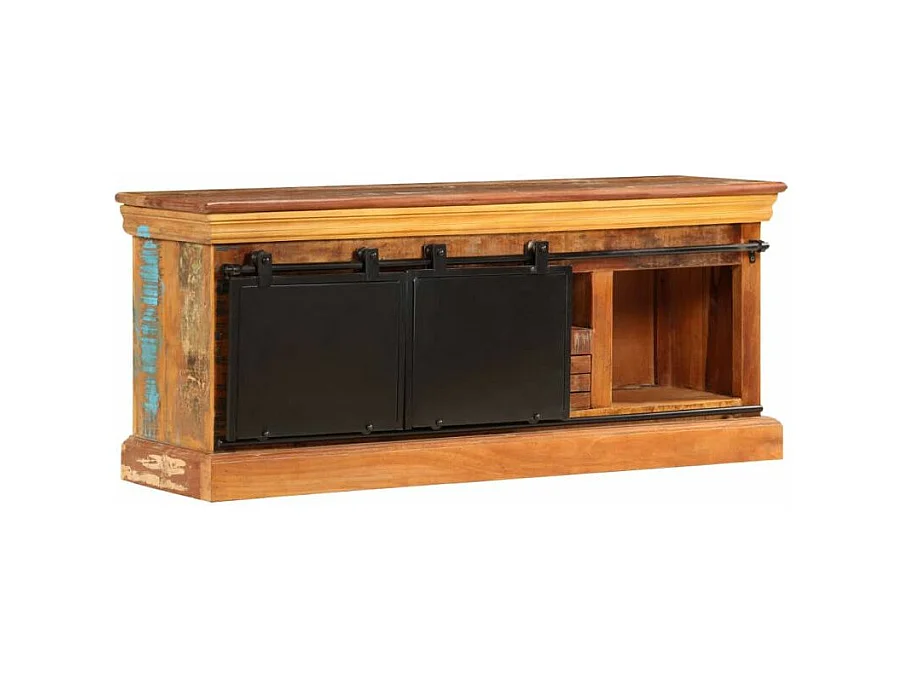 Meuble TV 2 portes 1 tiroir bois massif recyclé et métal noir Bousty