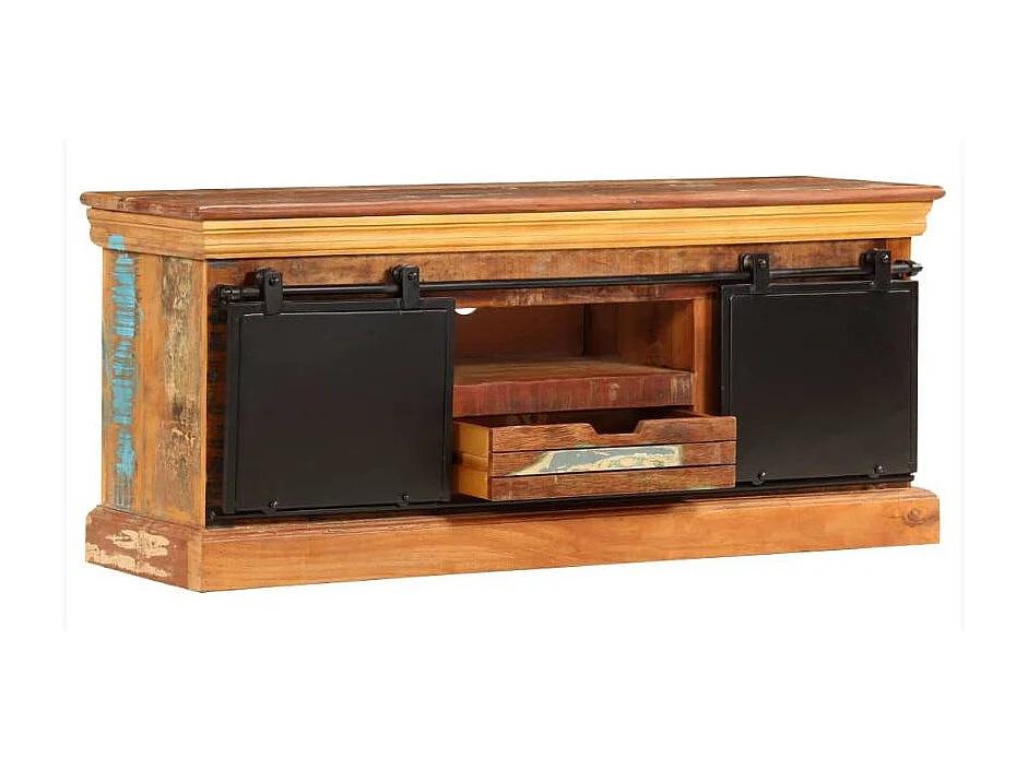 Meuble TV 2 portes 1 tiroir bois massif recyclé et métal noir Bousty