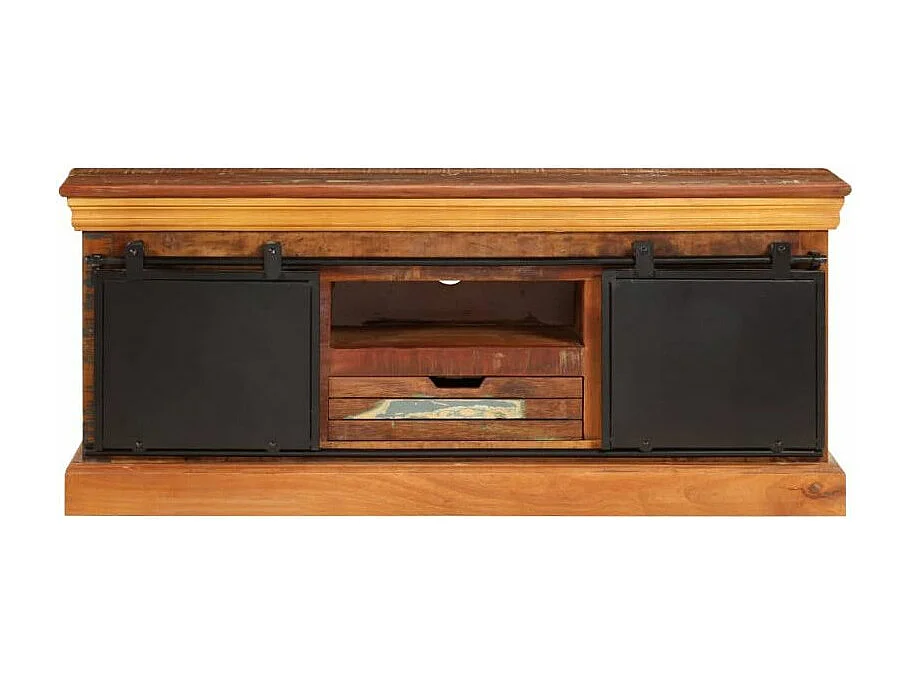 Meuble TV 2 portes 1 tiroir bois massif recyclé et métal noir Bousty