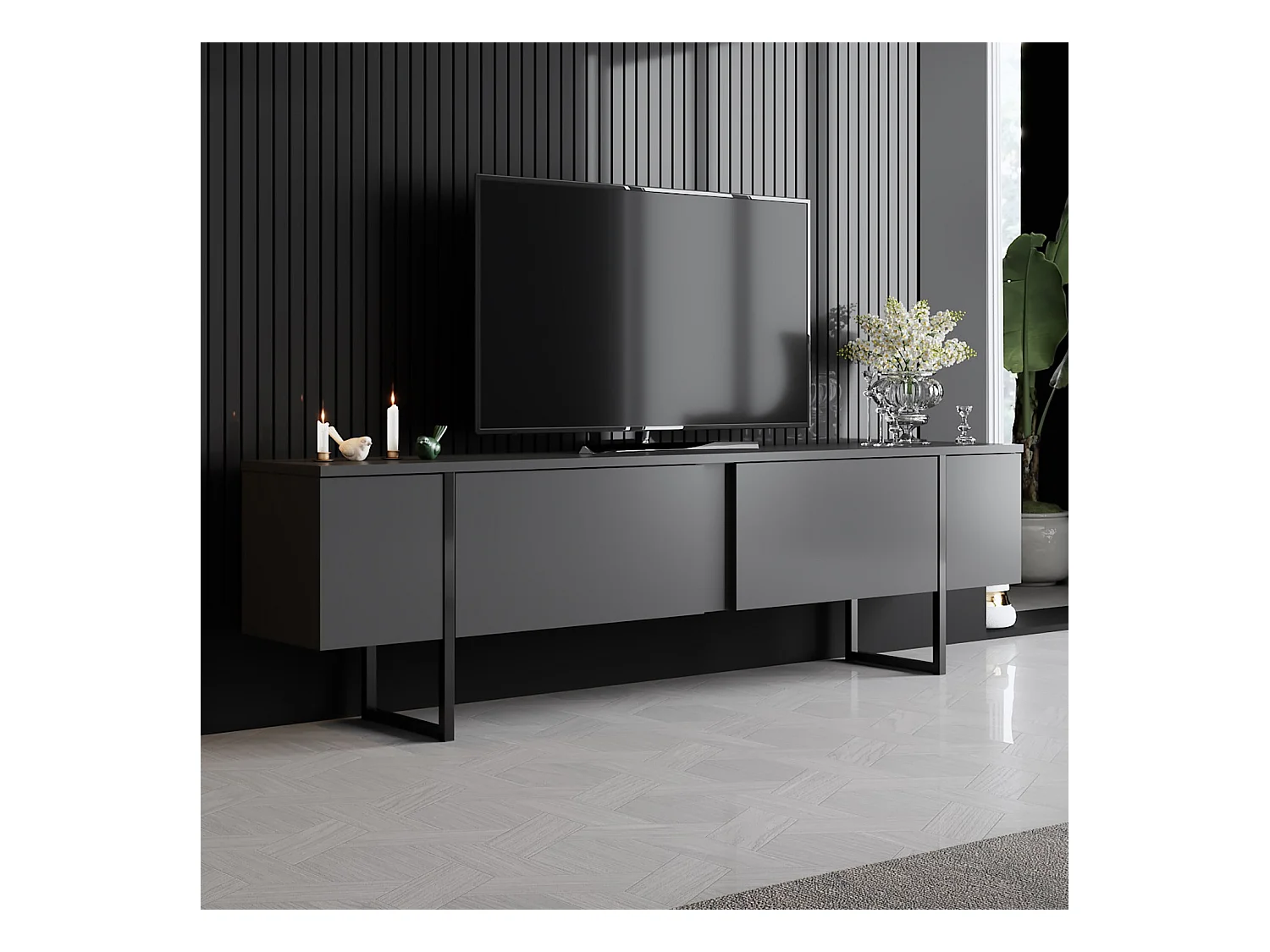 Meuble TV moderne 2 portes battantes en bois et pieds en acier Taky 180cm-Couleur Gris anthracite
