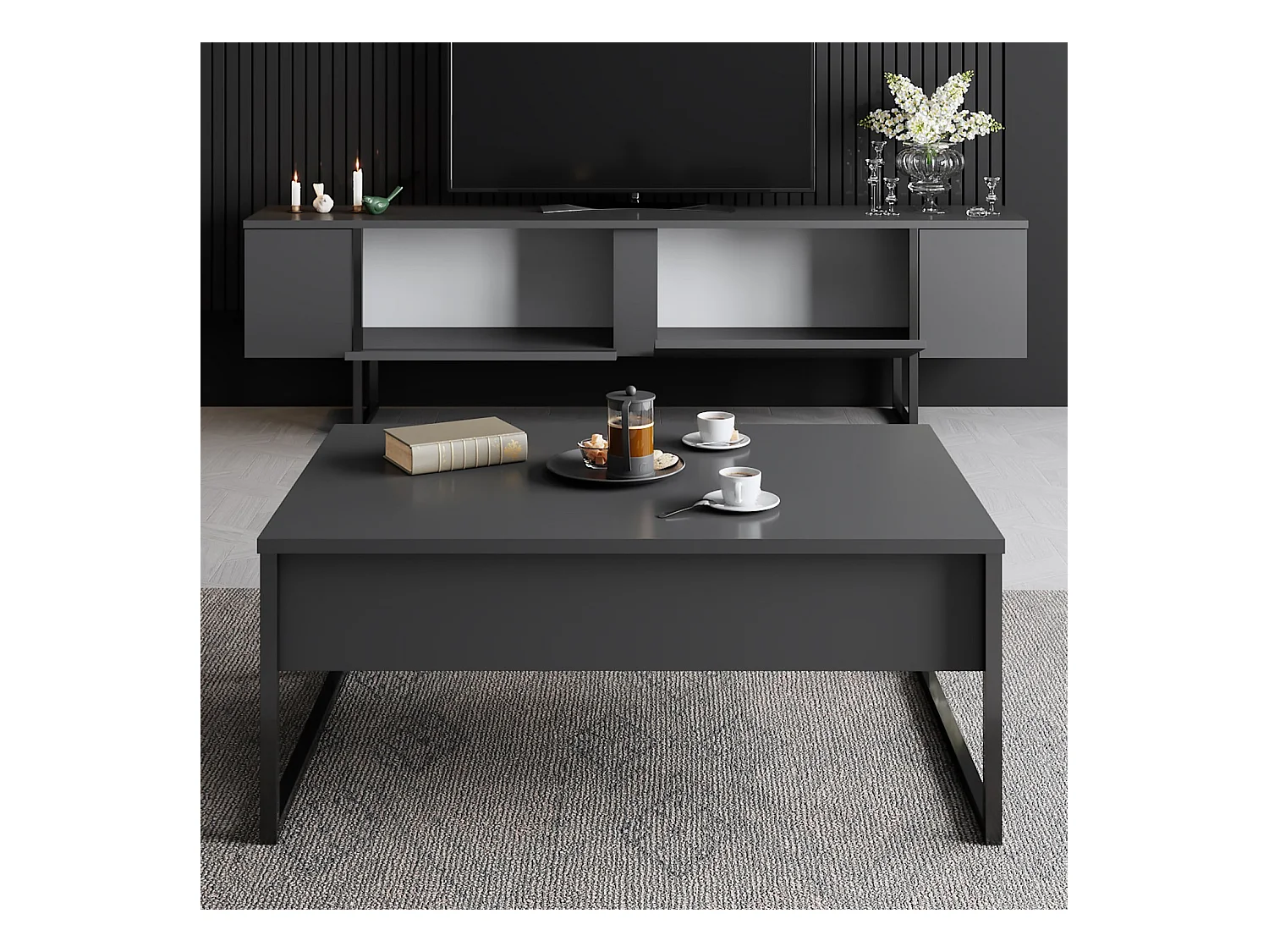 Meuble TV moderne 2 portes battantes en bois et pieds en acier Taky 180cm-Couleur Gris anthracite