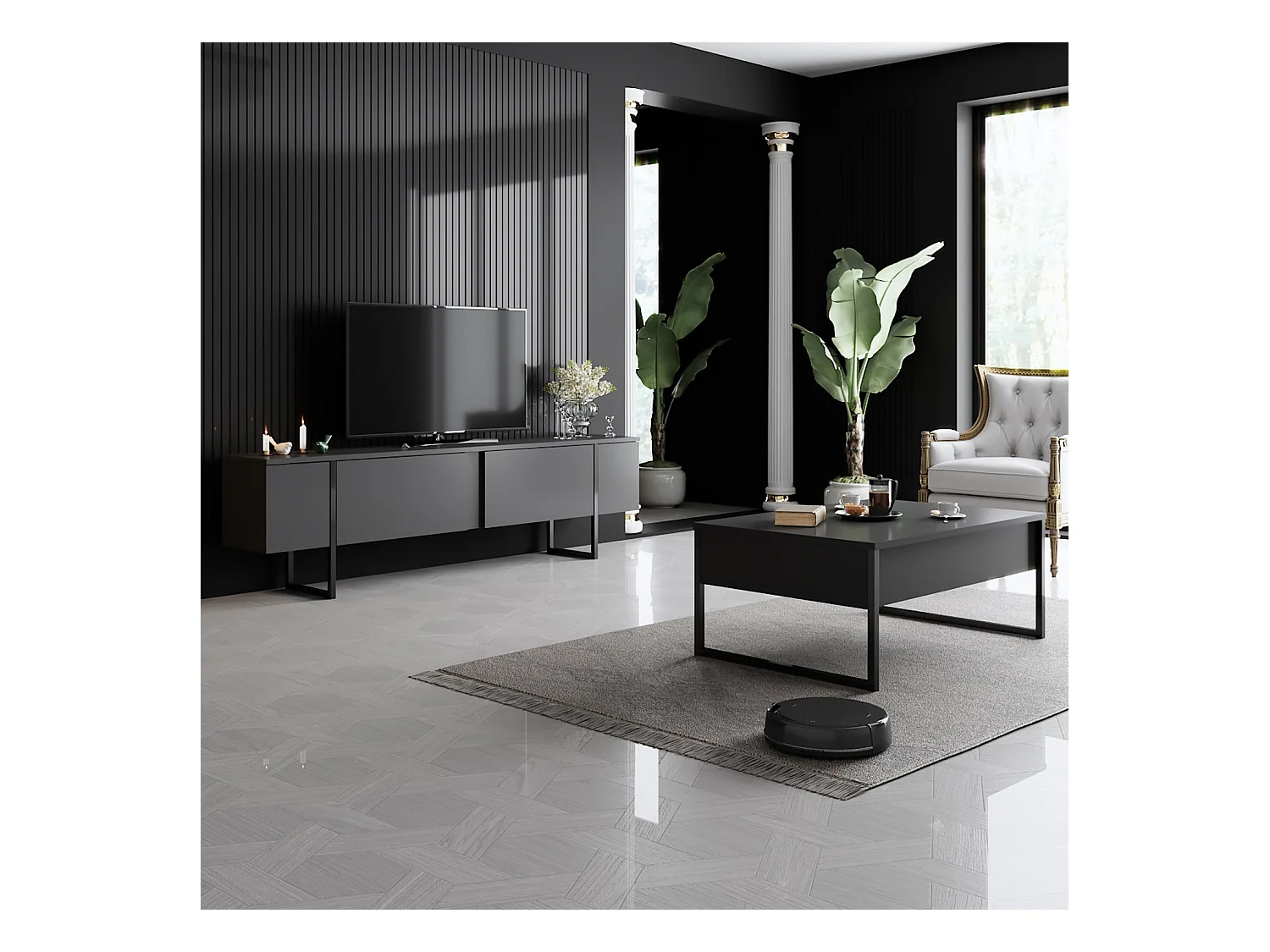 Meuble TV moderne 2 portes battantes en bois et pieds en acier Taky 180cm-Couleur Gris anthracite