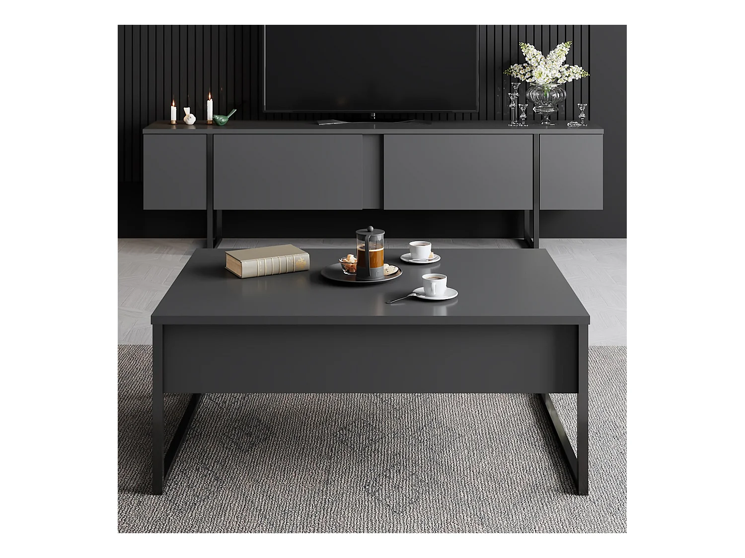 Meuble TV moderne 2 portes battantes en bois et pieds en acier Taky 180cm-Couleur Gris anthracite