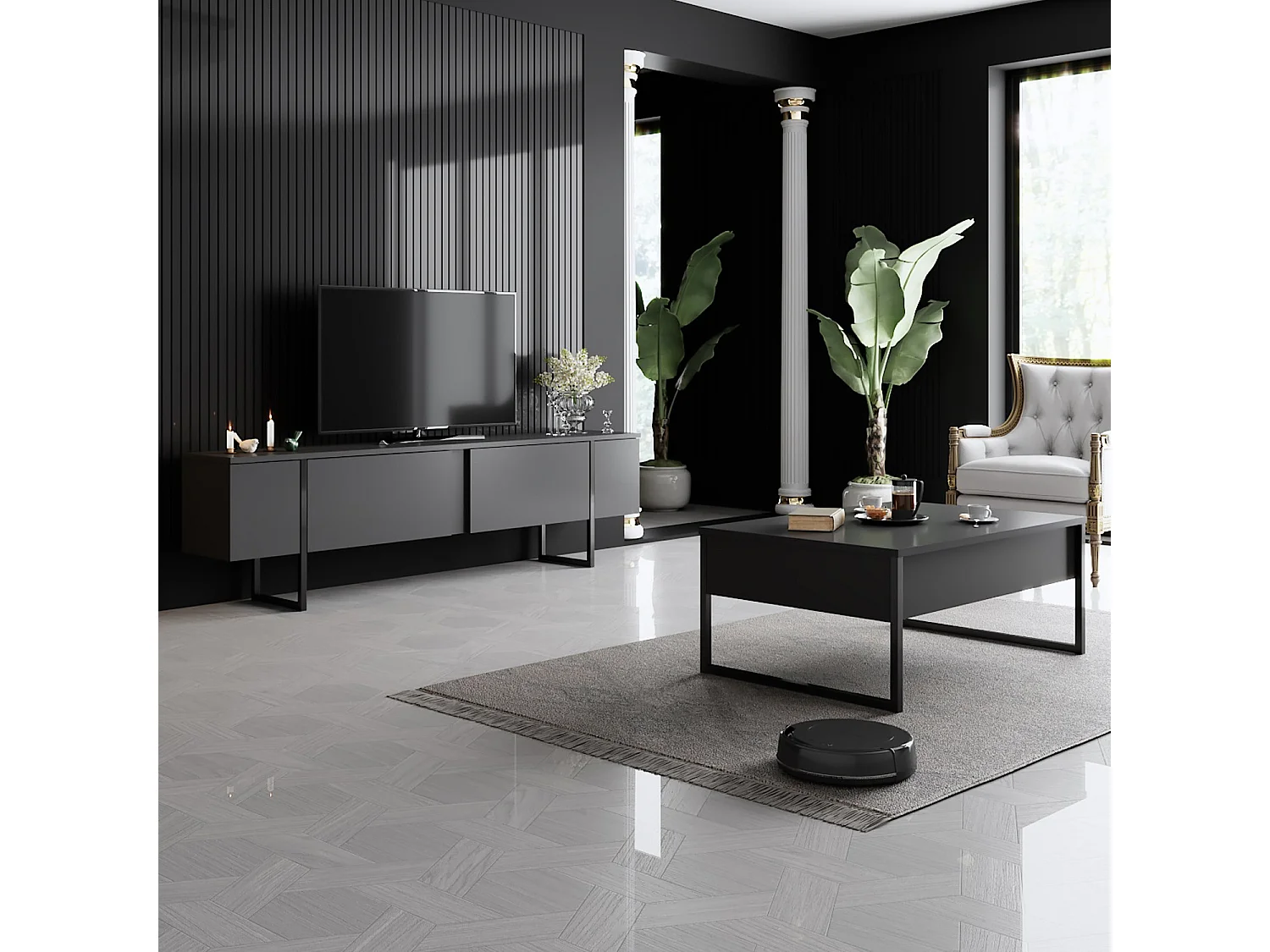 Meuble TV moderne 2 portes battantes en bois et pieds en acier Taky 180cm-Couleur Gris anthracite