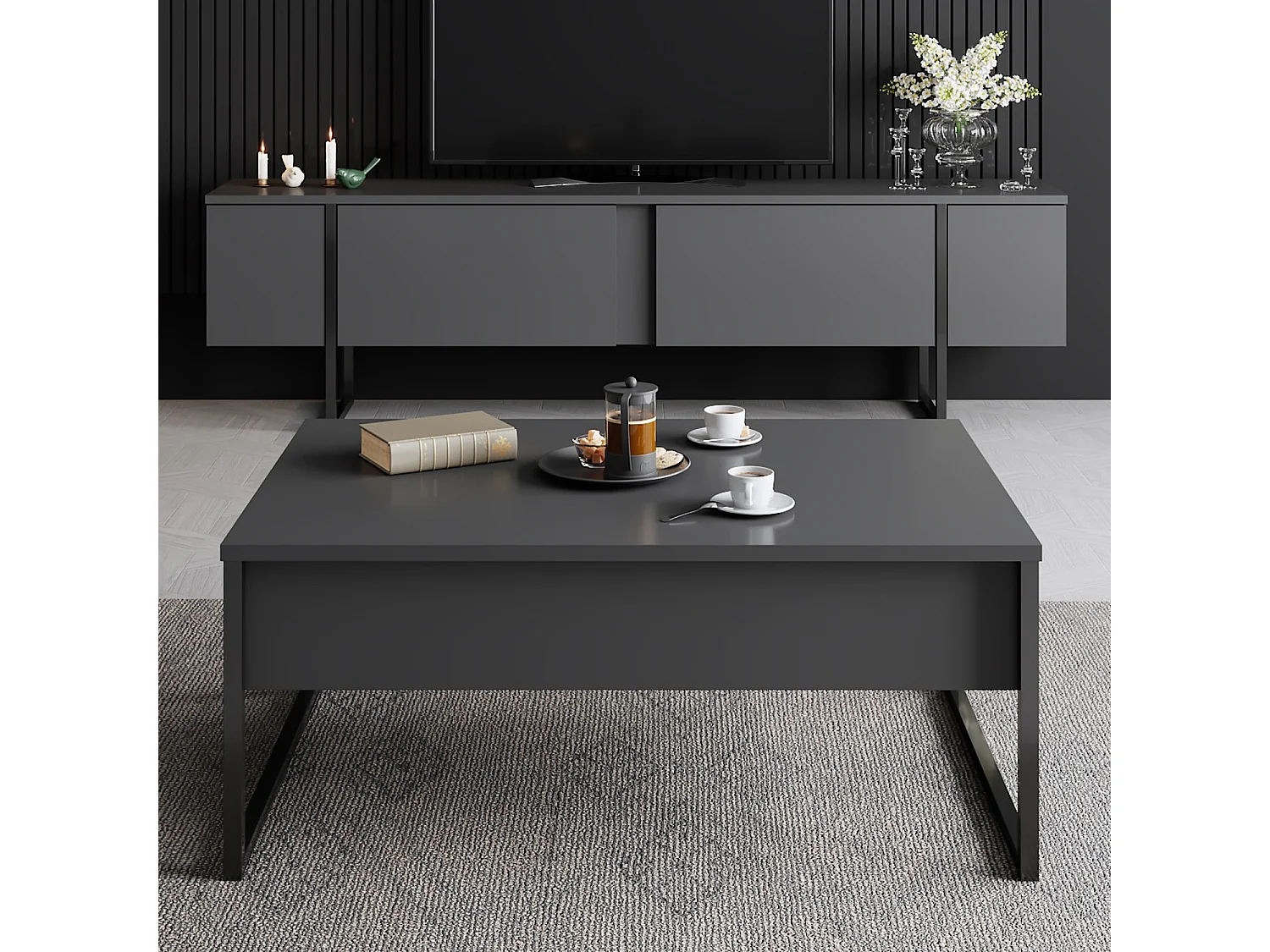 Meuble TV moderne 2 portes battantes en bois et pieds en acier Taky 180cm-Couleur Gris anthracite