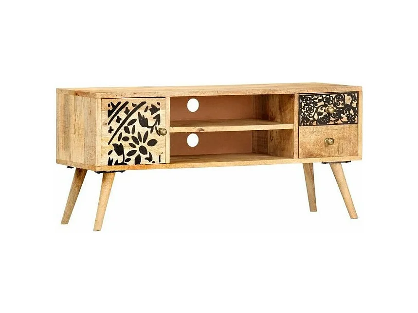 Meuble TV 2 tiroirs 1 porte manguier massif clair Lylo 100cm
