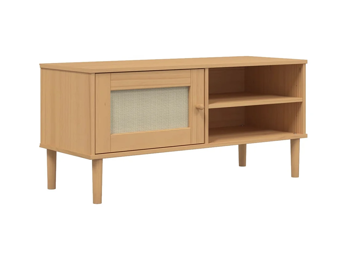 Meuble TV SENJA aspect rotin marron 106x40x49 bois massif pin