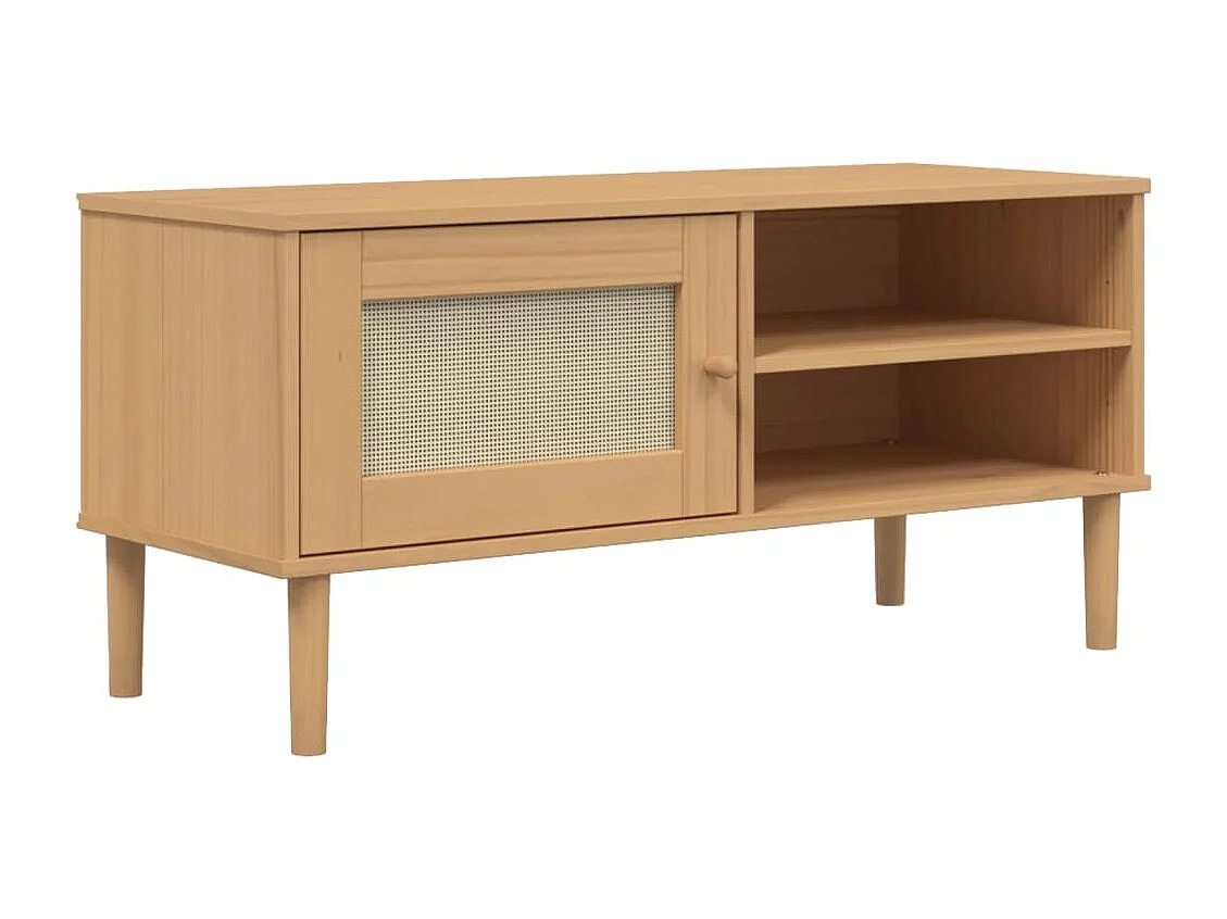 Meuble TV SENJA aspect rotin marron 106x40x49 bois massif pin