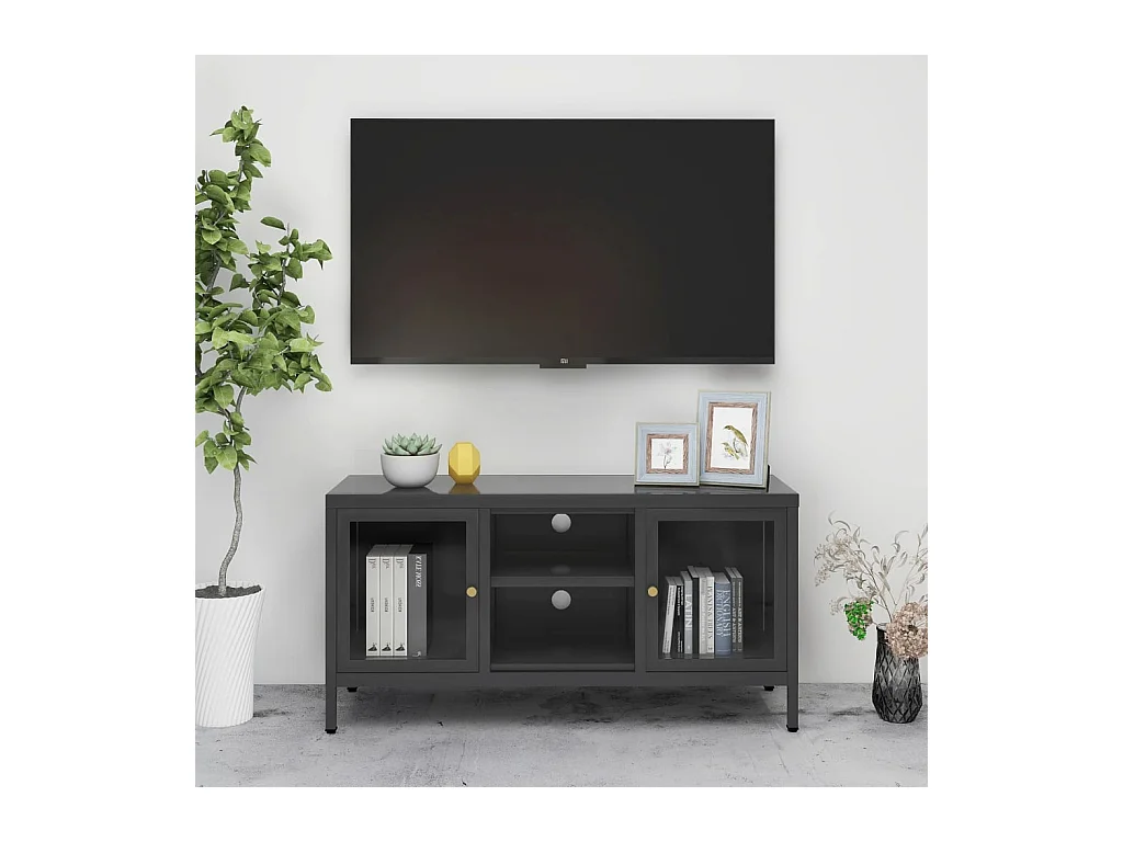 Meuble TV Anthracite 105x35x52 Acier et verre