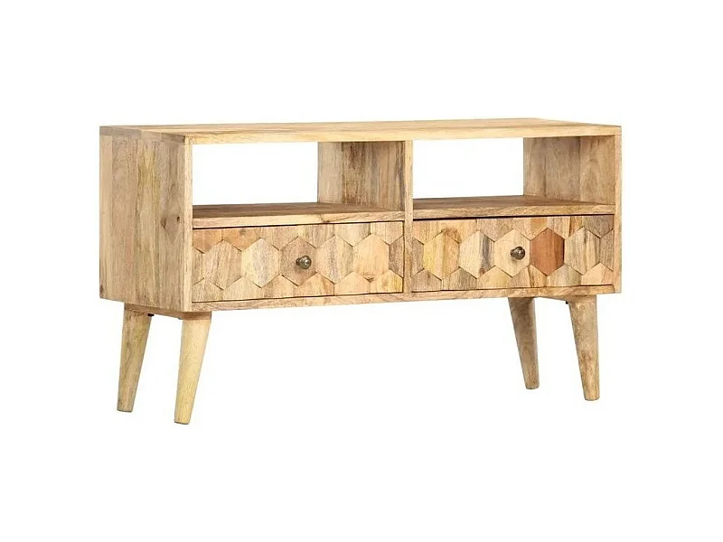 Meuble TV 2 tiroirs manguier massif clair Ayvie