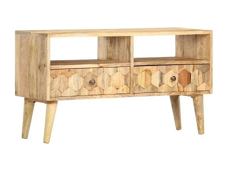 Meuble TV 2 tiroirs manguier massif clair Ayvie