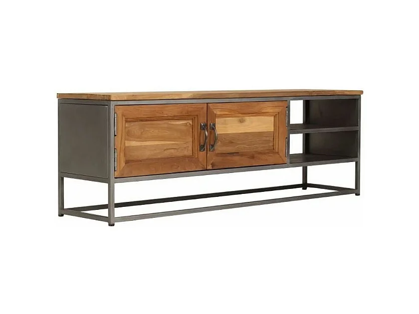 Meuble TV 2 portes 2 étagères teck recyclé clair et métal Paula