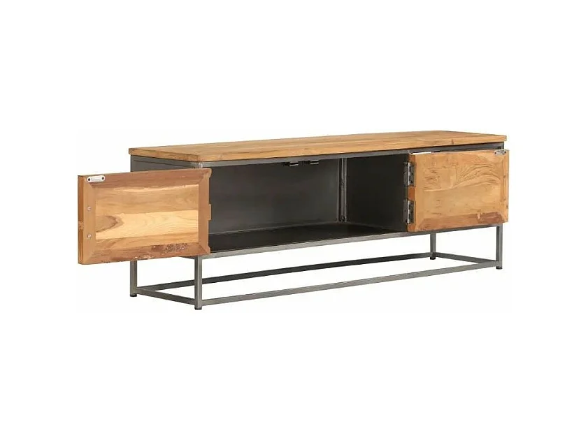 Meuble TV 2 portes 2 étagères teck recyclé clair et métal Paula