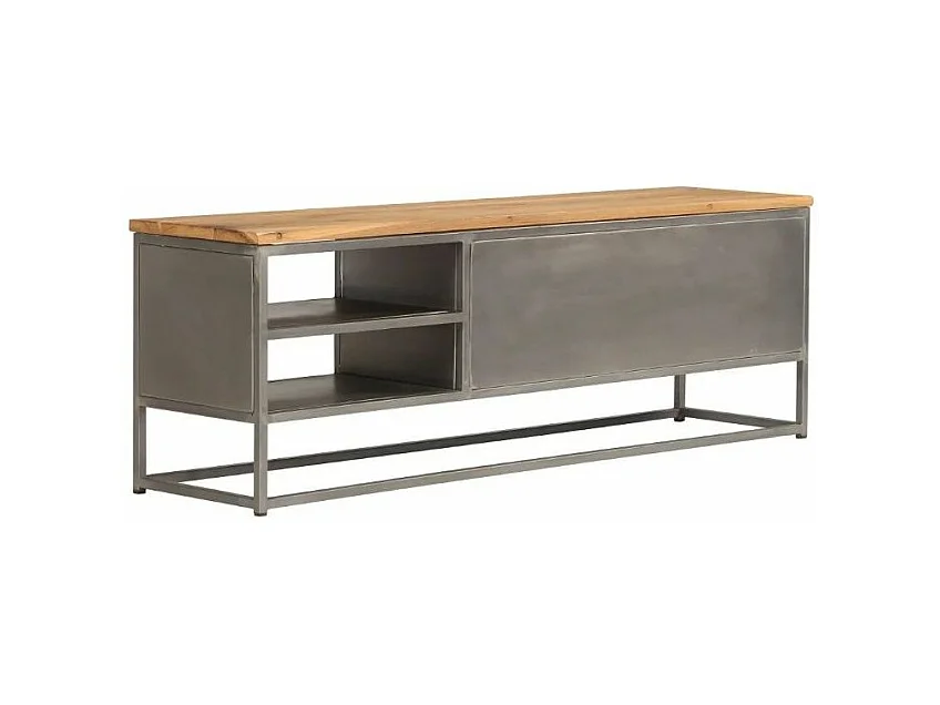 Meuble TV 2 portes 2 étagères teck recyclé clair et métal Paula