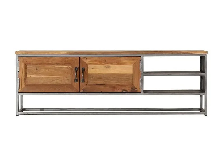 Meuble TV 2 portes 2 étagères teck recyclé clair et métal Paula