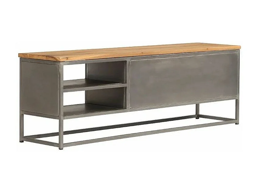 Meuble TV 2 portes 2 étagères teck recyclé clair et métal Paula