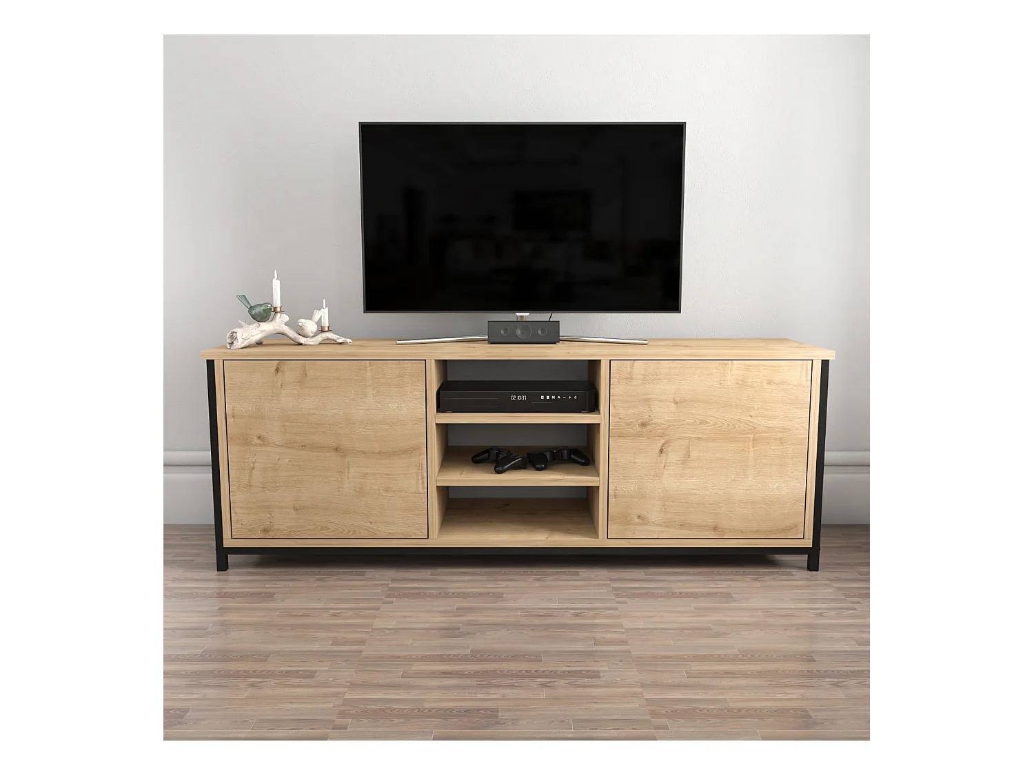 Mueble de TV industrial, roble y negro, 140 x 35,3 x 50,8 cm | Tablero de partículas 100 % melaminado, 18 mm de grosor | Elegante y resistente para salones modernos