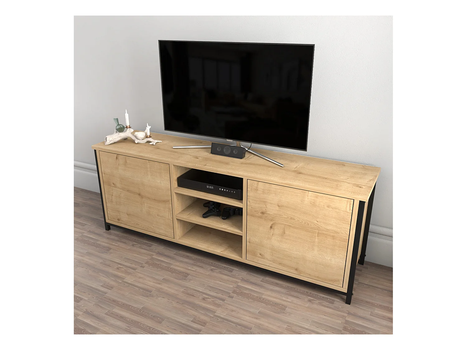 Mueble de TV industrial, roble y negro, 140 x 35,3 x 50,8 cm | Tablero de partículas 100 % melaminado, 18 mm de grosor | Elegante y resistente para salones modernos