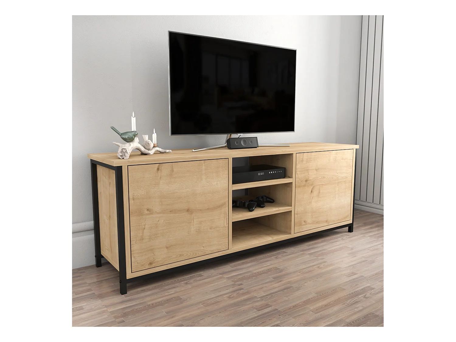 Mueble de TV industrial, roble y negro, 140 x 35,3 x 50,8 cm | Tablero de partículas 100 % melaminado, 18 mm de grosor | Elegante y resistente para salones modernos
