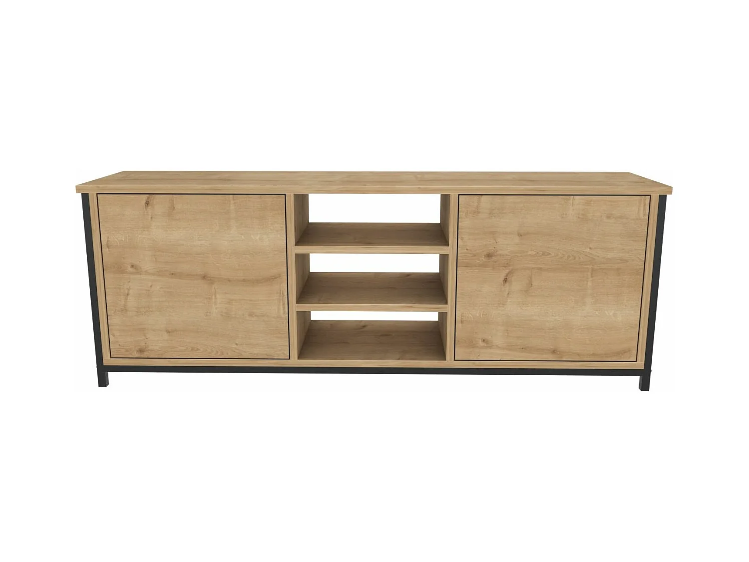 Meuble TV 2 portes 2 étagères acier noir et bois Chêne clair Klazika 140cm