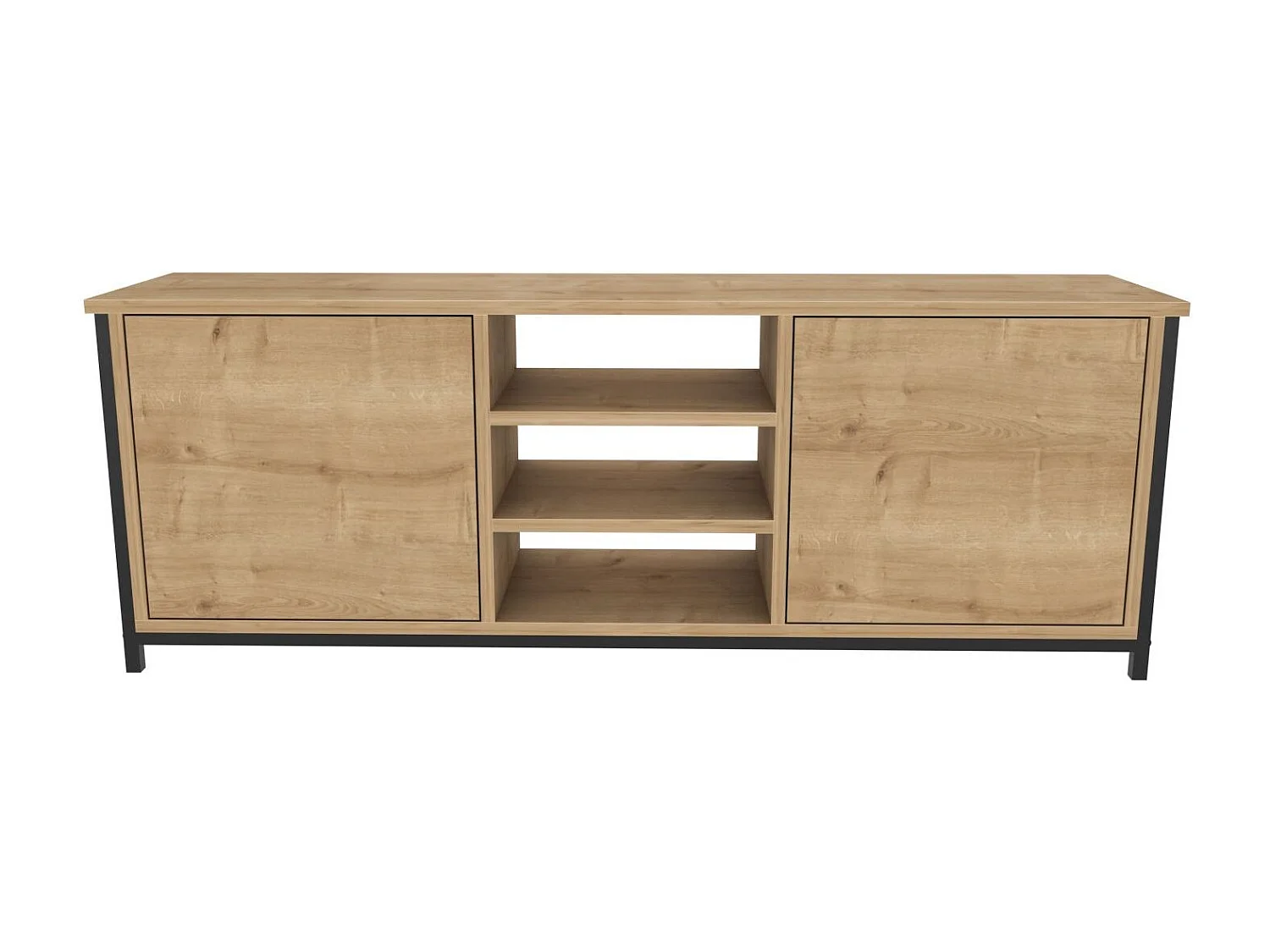 Meuble TV 2 portes 2 étagères acier noir et bois Chêne clair Klazika 140cm