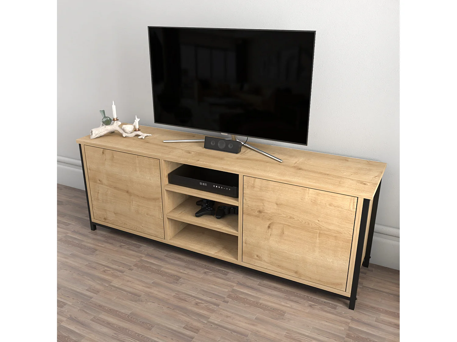 Meuble TV 2 portes 2 étagères acier noir et bois Chêne clair Klazika 140cm