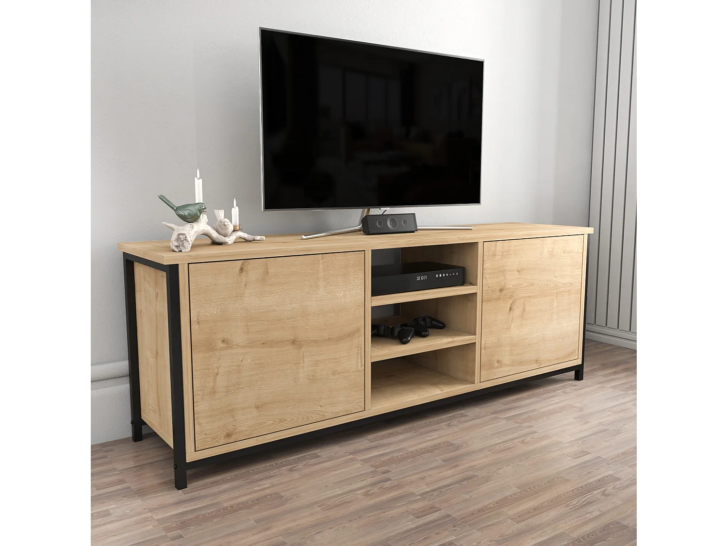 Meuble TV 2 portes 2 étagères acier noir et bois Chêne clair Klazika 140cm