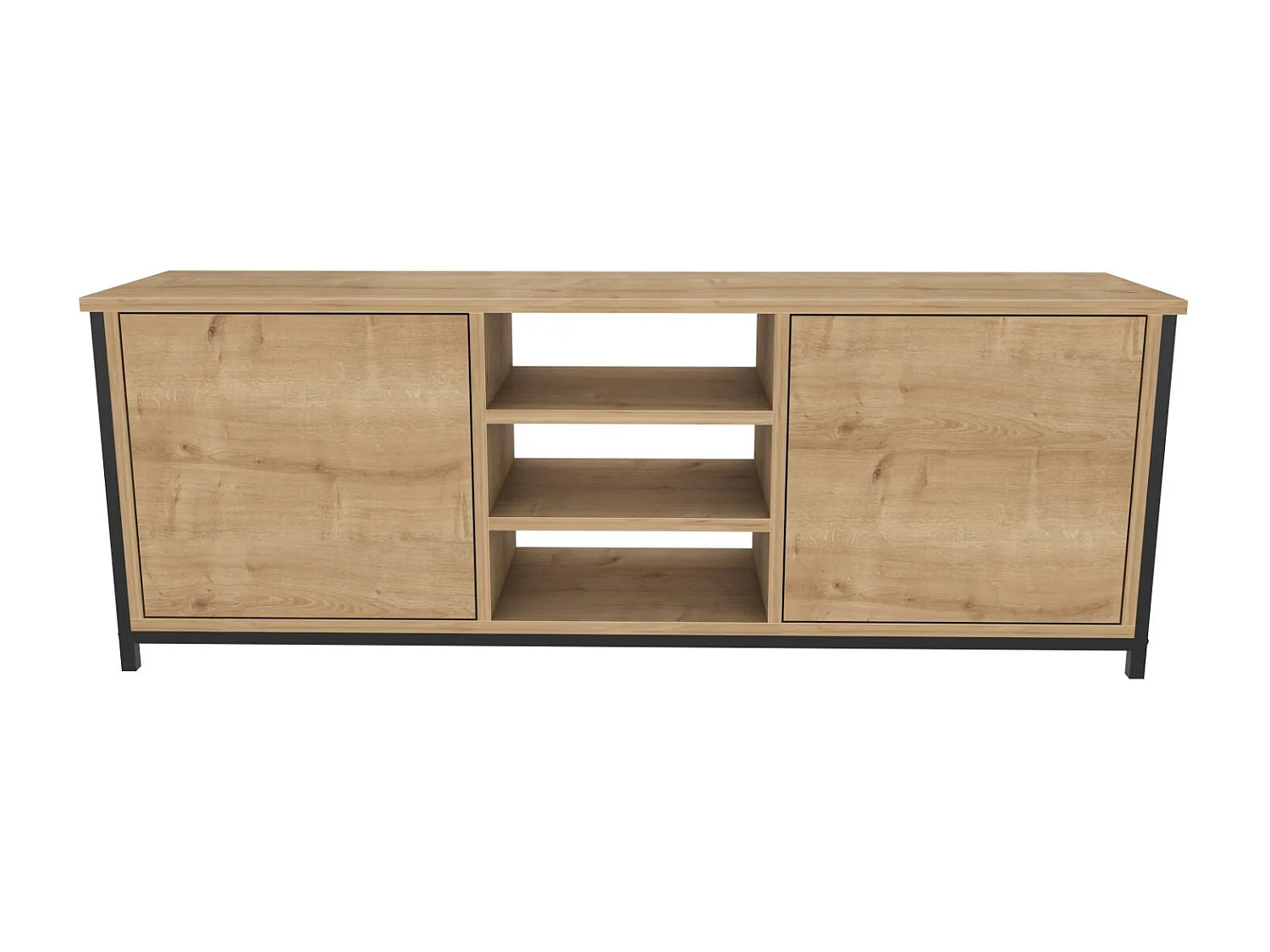 Meuble TV 2 portes 2 étagères acier noir et bois Chêne clair Klazika 140cm