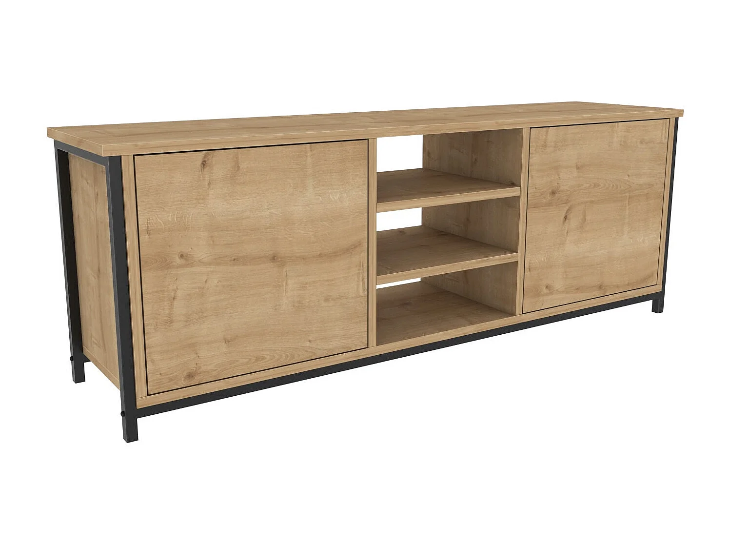 Meuble TV 2 portes 2 étagères acier noir et bois Chêne clair Klazika 140cm