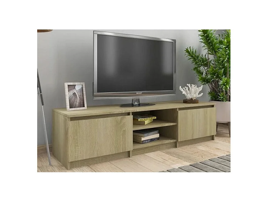 Meuble TV 2 portes 2 niches bois chêne clair Cyna 140cm