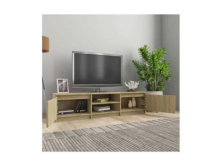 Meuble TV 2 portes 2 niches bois chêne clair Cyna 140cm