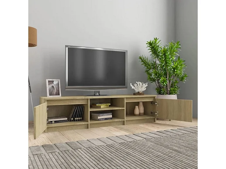 Meuble TV 2 portes 2 niches bois chêne clair Cyna 140cm
