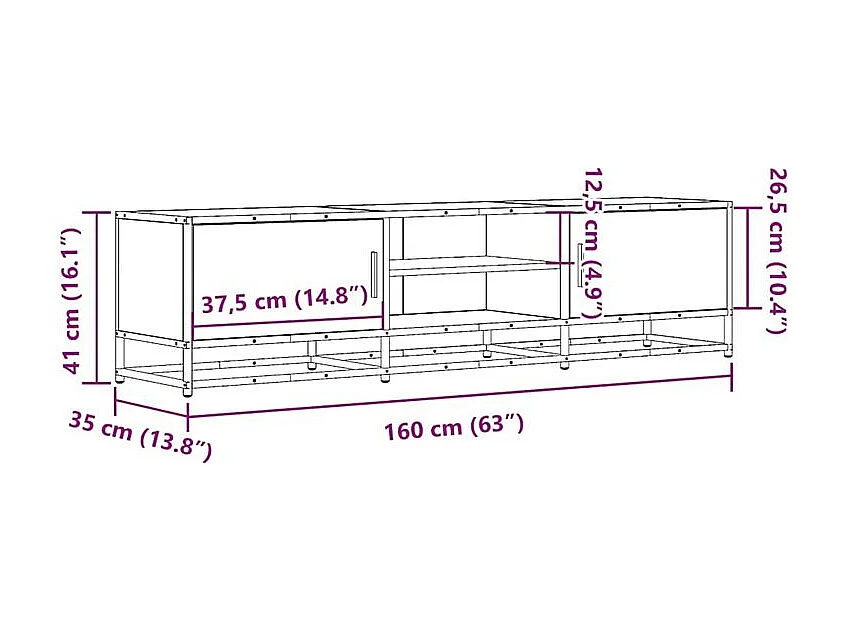 Meuble TV chêne marron 160x35x41 bois d'ingénierie et métal