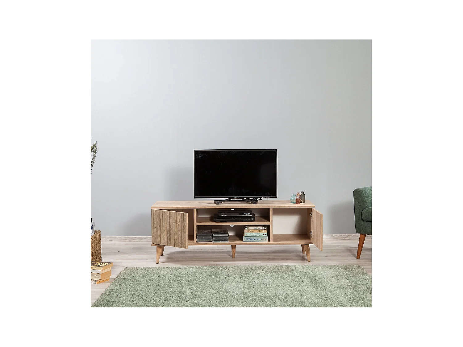 Mueble TV rústico en roble Sonoma – 140 cm – Revestido 100% melamina