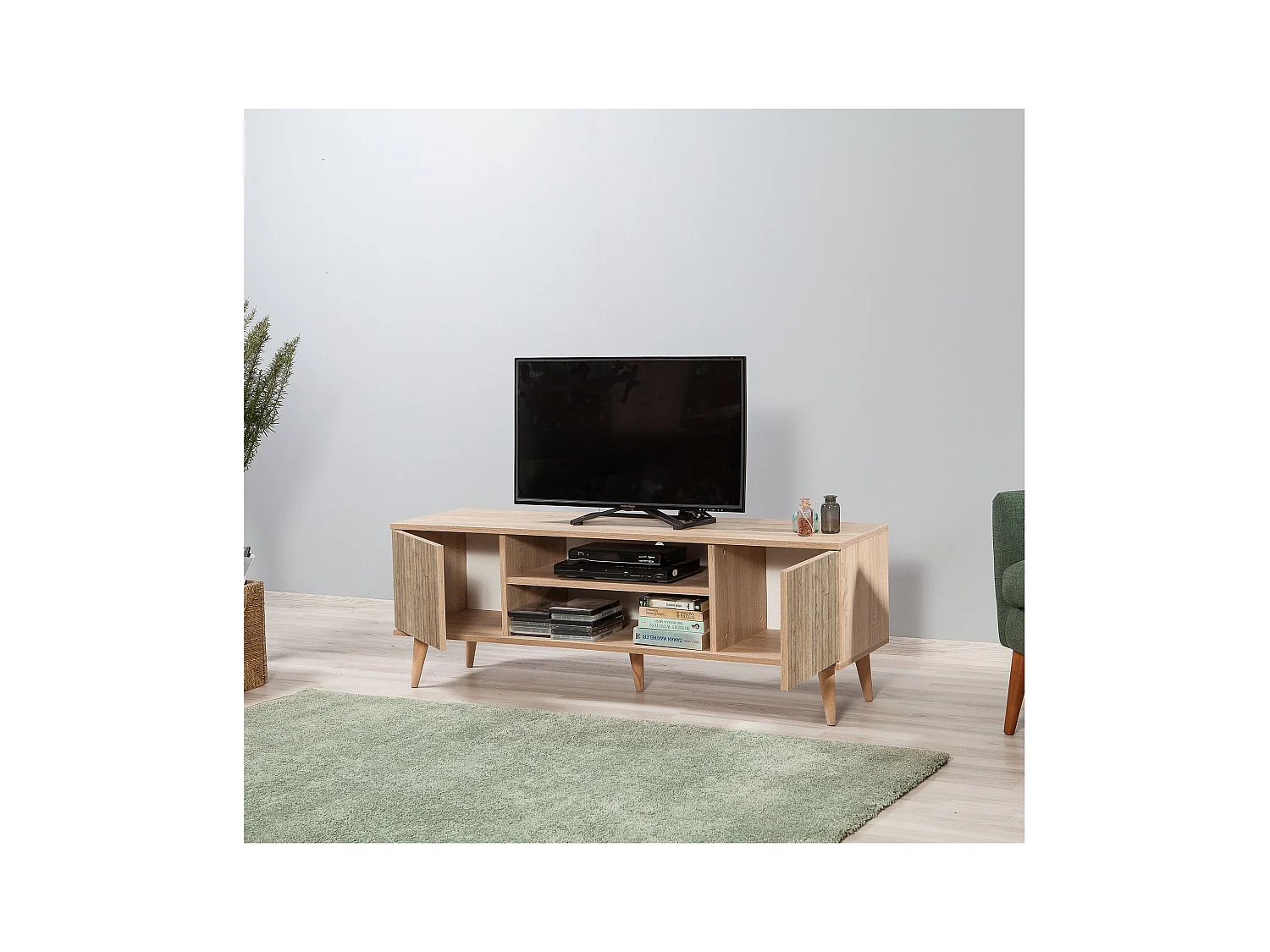 Mueble TV rústico en roble Sonoma – 140 cm – Revestido 100% melamina