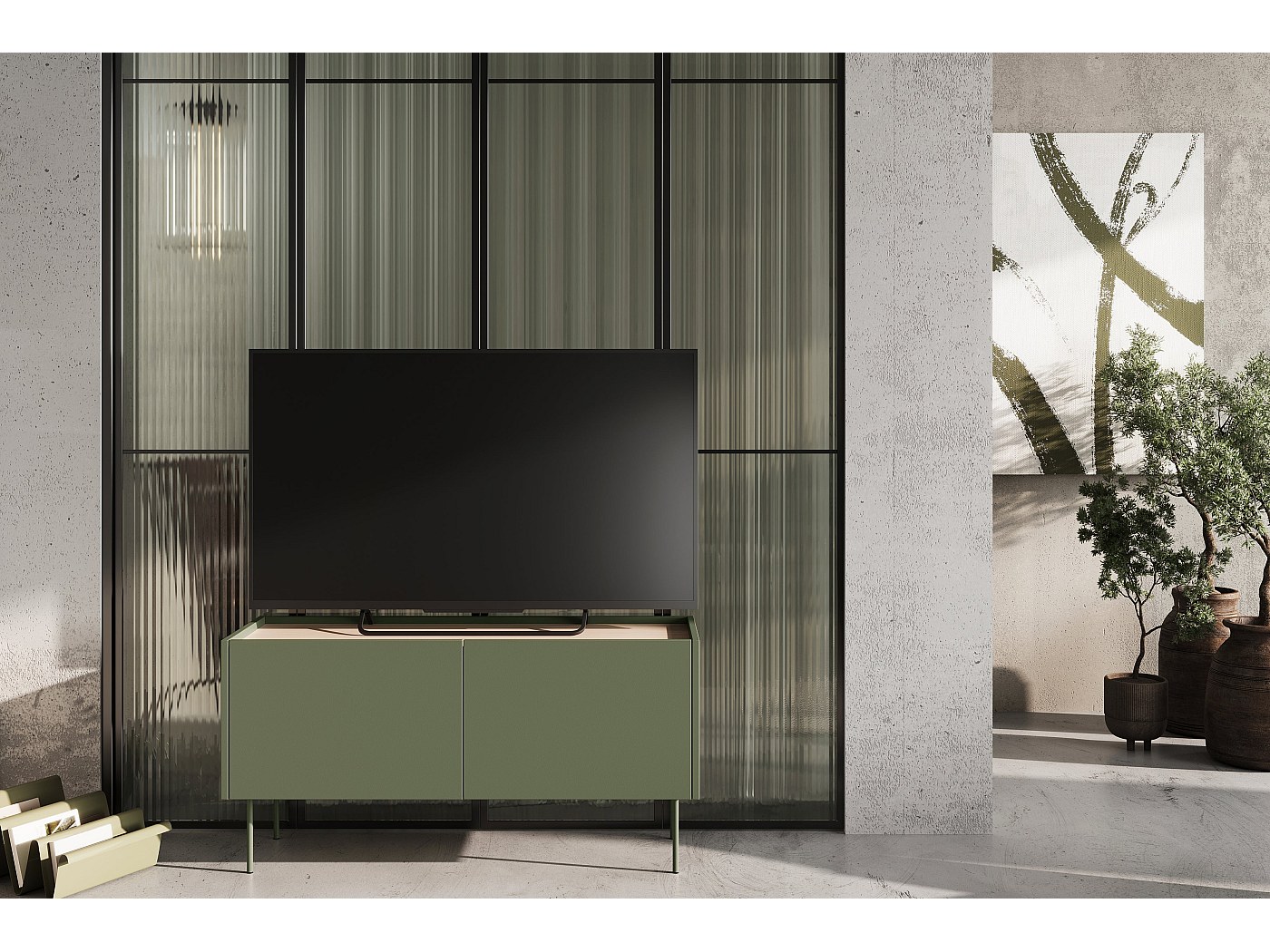 Mobile TV In Acciaio Nero 120x40x55 Cm – 2 Ante Traforate E 2 Scomparti Aperti, Foro Passacavi, Versatile Per Soggiorno E Ufficio - 3
