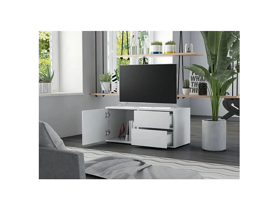 Meuble TV 1 porte 2 tiroirs bois blanc Ressi 80cm