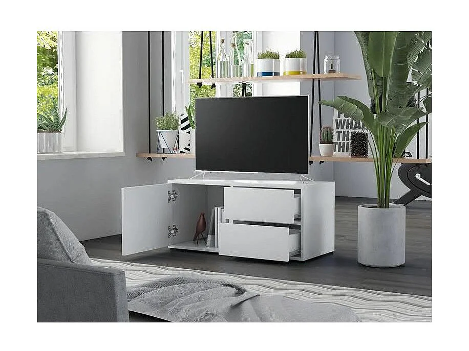 Meuble TV 1 porte 2 tiroirs bois blanc Ressi 80cm