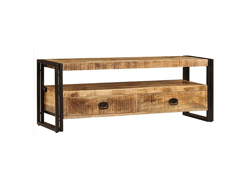 Meuble TV 2 tiroirs manguier massif clair et métal noir Maneci 120cm