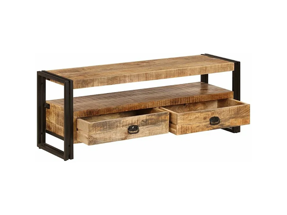 Meuble TV 2 tiroirs manguier massif clair et métal noir Maneci 120cm