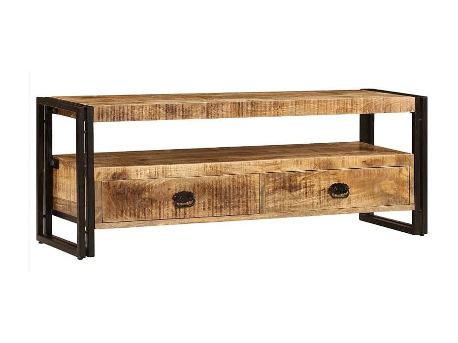 Meuble TV 2 tiroirs manguier massif clair et métal noir Maneci 120cm