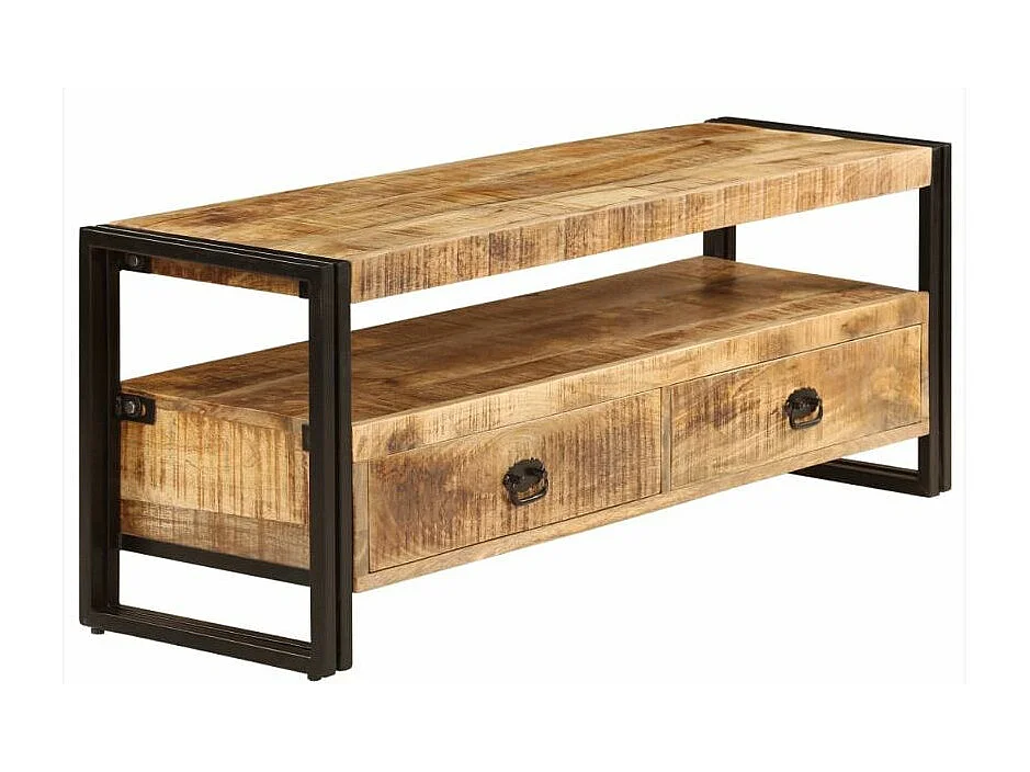 Meuble TV 2 tiroirs manguier massif clair et métal noir Maneci 120cm