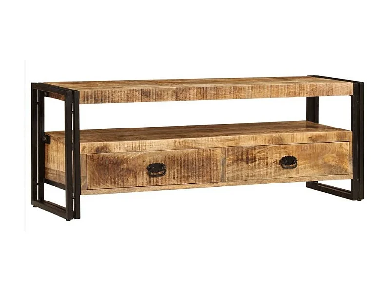 Meuble TV 2 tiroirs manguier massif clair et métal noir Maneci 120cm