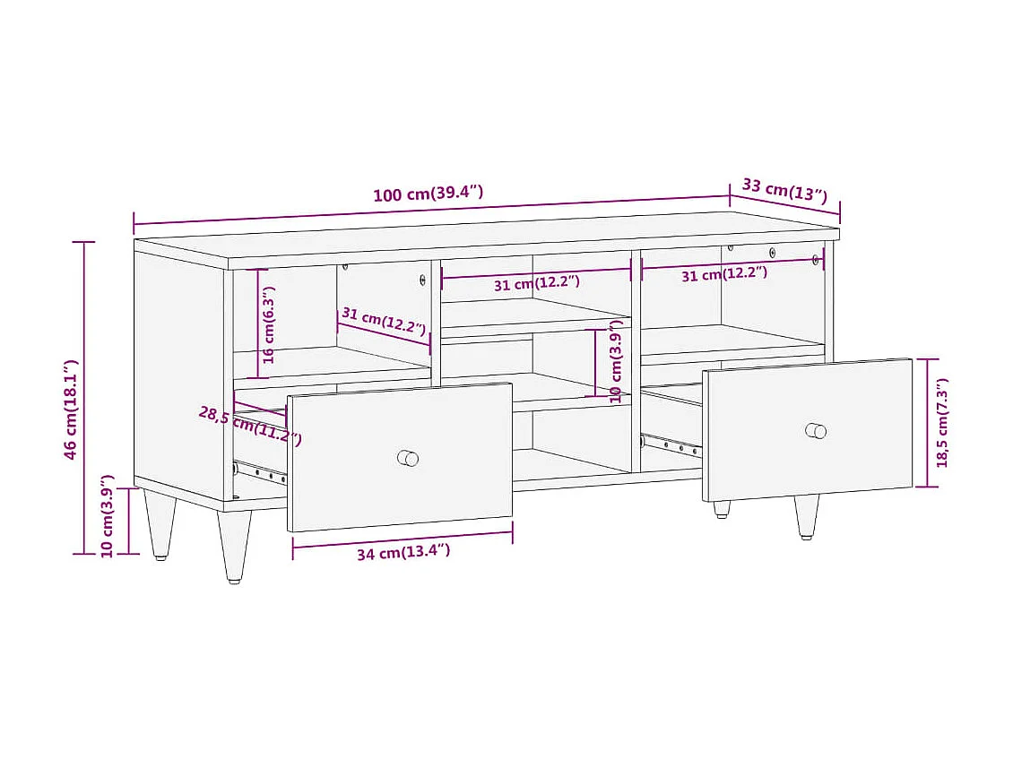 Meuble TV 100x33x46 bois massif de manguier
