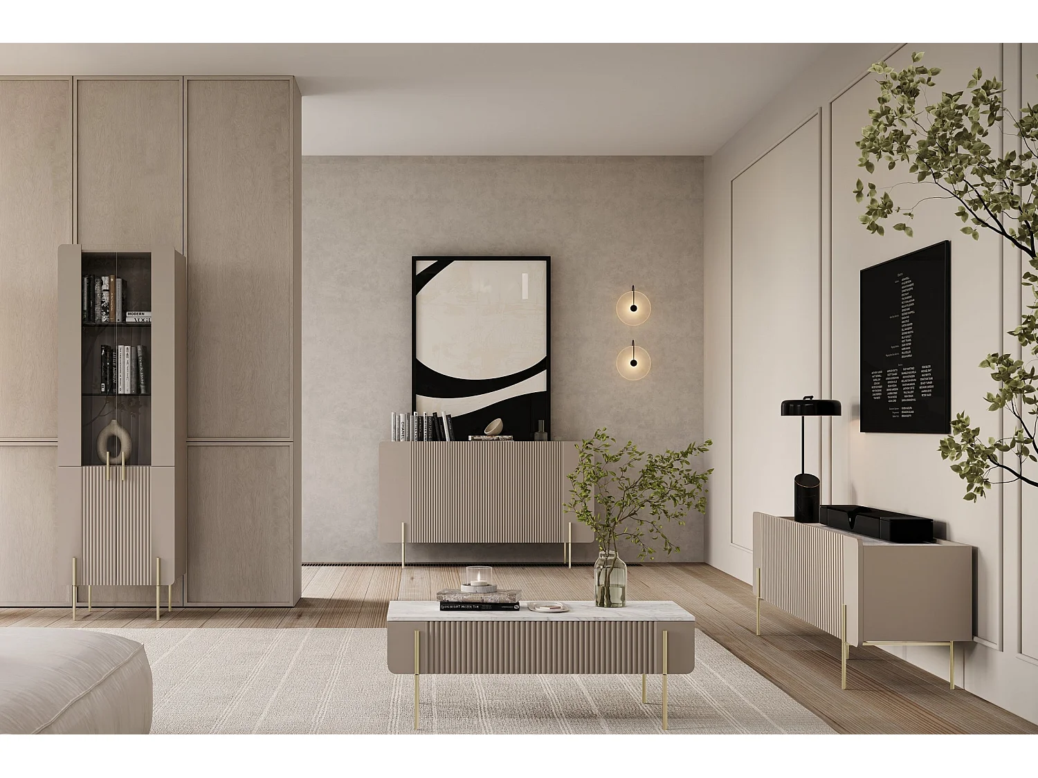 Meuble TV 2 deuren 2 laden bont metaal kasjmier 200x57 cm