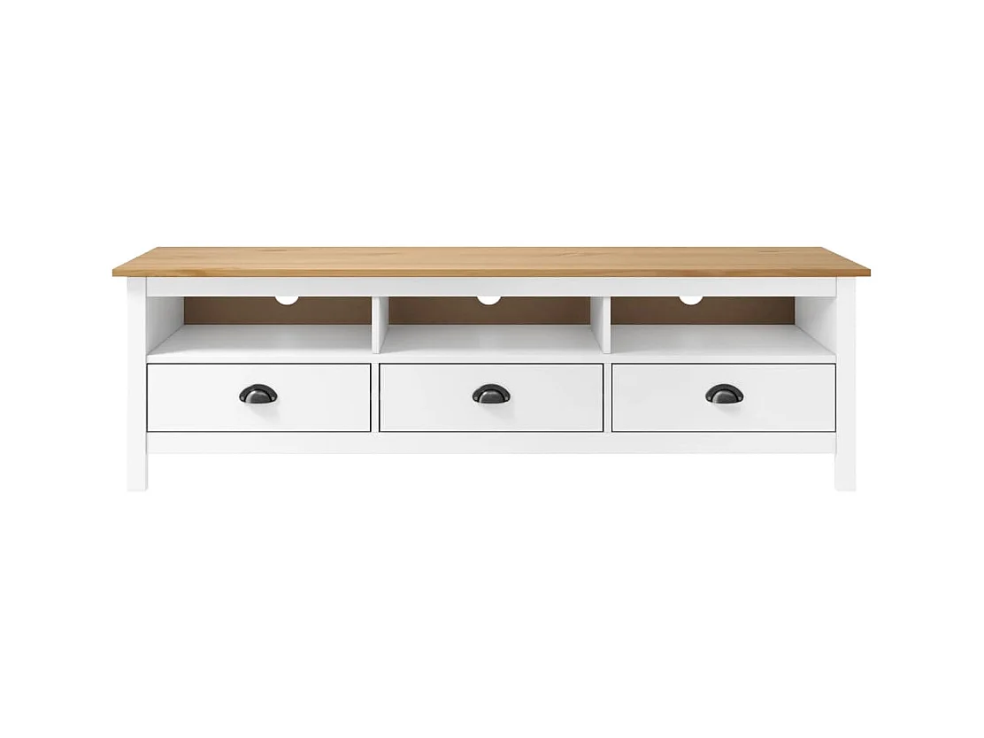 Meuble TV 3 tiroirs Kalexia 158cm - Bois de pin massif-Couleur Blanc et Chêne