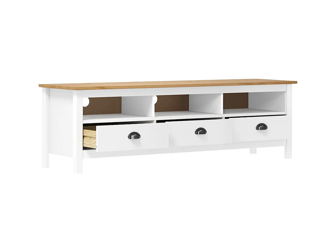 Meuble TV 3 tiroirs Kalexia 158cm - Bois de pin massif-Couleur Blanc et Chêne