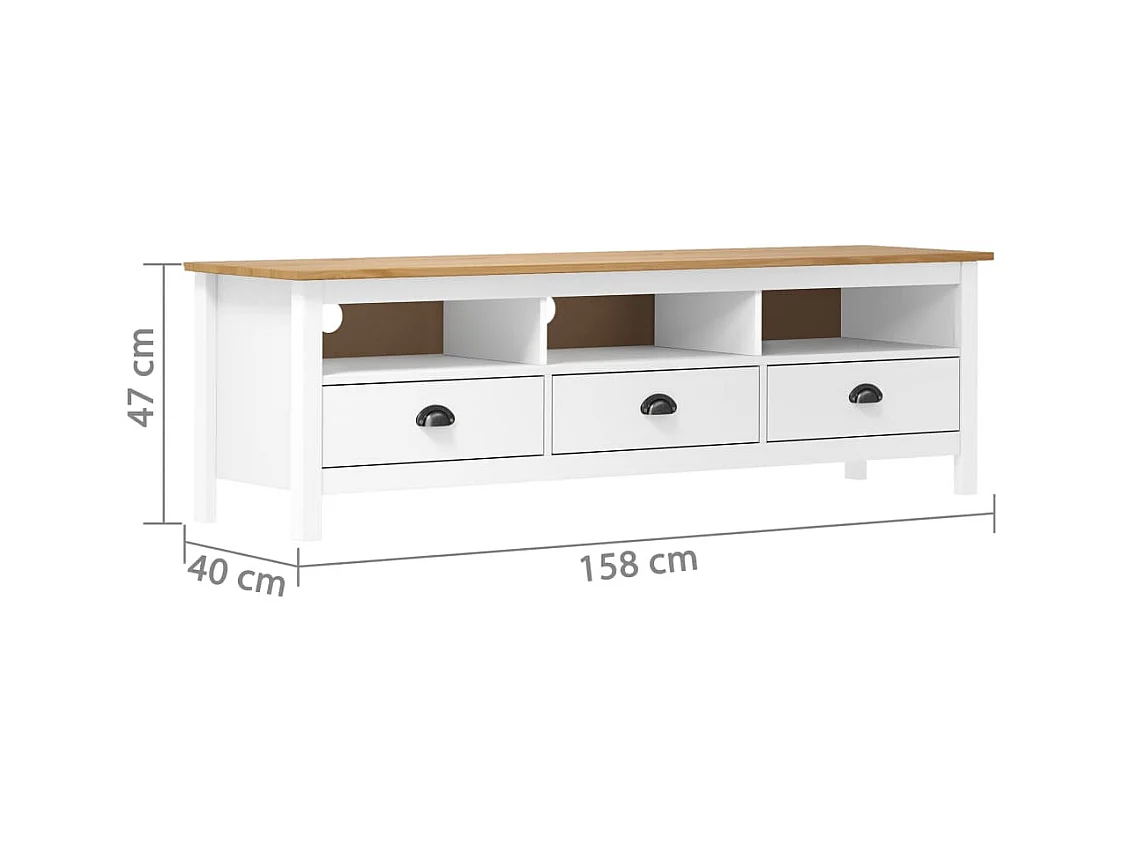 Meuble TV 3 tiroirs Kalexia 158cm - Bois de pin massif-Couleur Blanc et Chêne